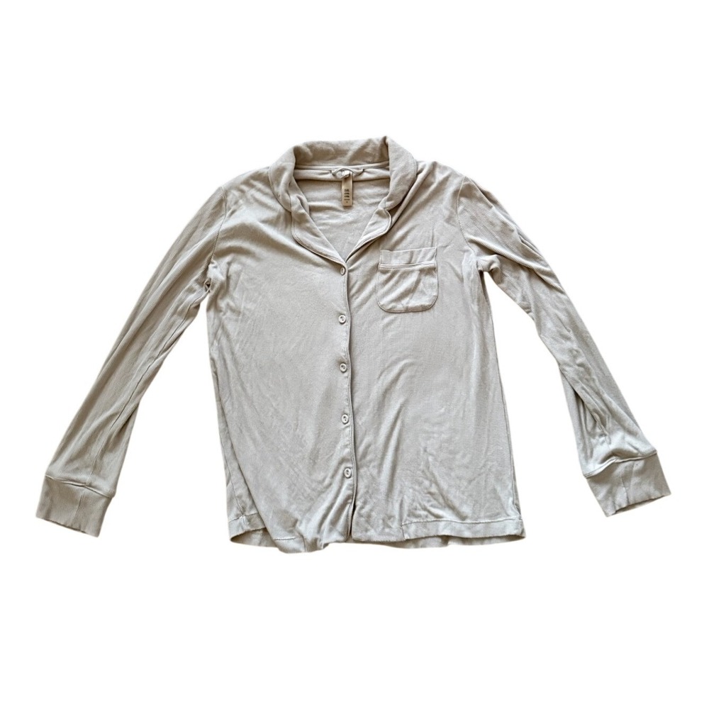 Skims Sleep Top Ribbed Modal Button Down Pajama Shirt Tan Small